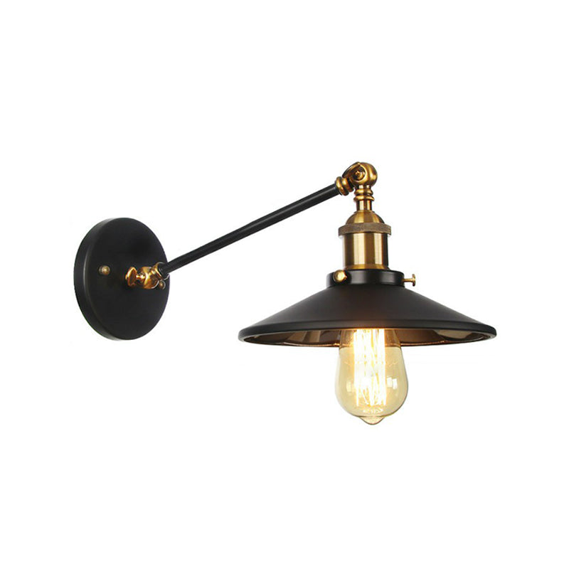 Rustic Iron Swing Arm Kitchen Wall Lamp - Horn/Flared/Scalloped Design - Single-Bulb - Black Finish