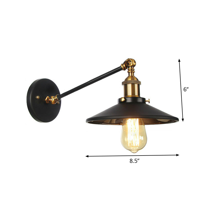 Rustic Iron Swing Arm Kitchen Wall Lamp - Horn/Flared/Scalloped Design - Single-Bulb - Black Finish