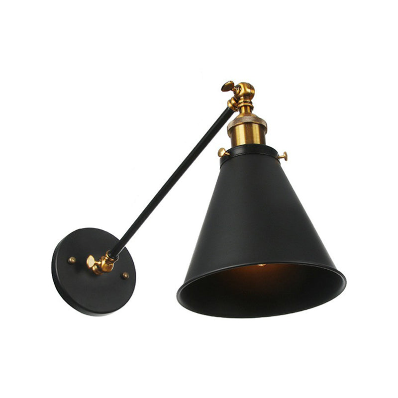 Rustic Iron Swing Arm Kitchen Wall Lamp - Horn/Flared/Scalloped Design - Single-Bulb - Black Finish