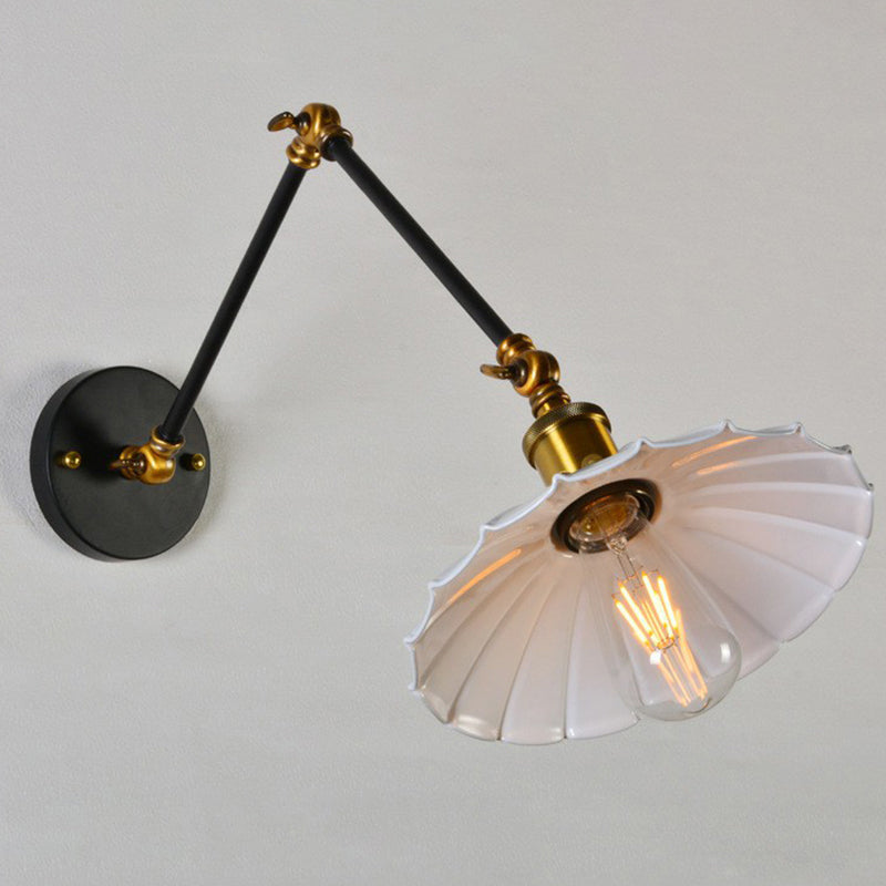 Scalloped Iron Wall Reading Lamp - Adjustable Arm - Bedroom Wall Light - Black/White-Brass