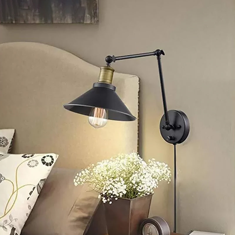 Farmhouse Cone Metal Wall Light - Swing Arm Wall Mounted Lamp (1 Head), Black - with/without Plug