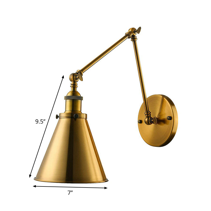 Industrial Brass Swing Arm Wall Lamp with Cone Shade for Studio Reading