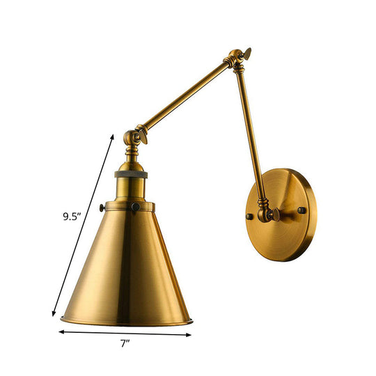 Industrial Brass Swing Arm Wall Lamp with Cone Shade for Studio Reading