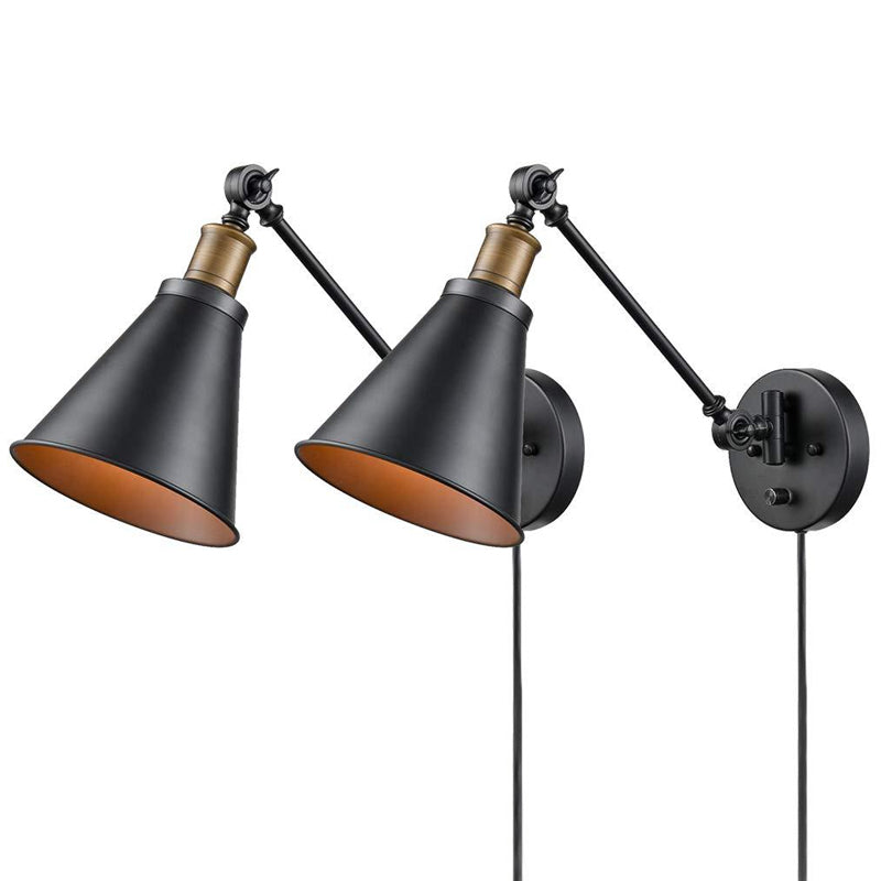 Horn Iron Wall Mount Reading Lamp - Industrial 1-Light Bedroom Wall Lighting in Black, with/without Plug-in Cord
