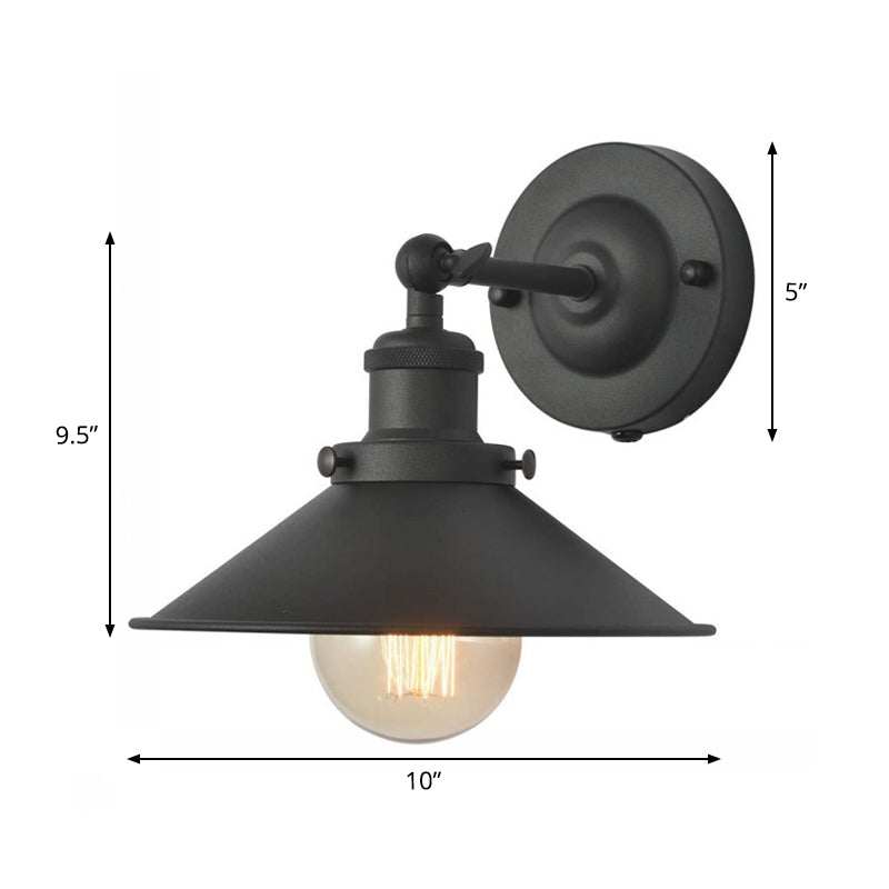 Black Rotatable Wall Light with Vintage Iron Cone Shade - Bedroom Wall Lamp