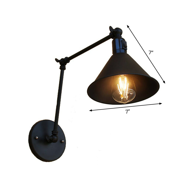 Vintage Black Cone Wall Lamp Kit with Swing Arm & On/Off Button for Bedroom - Iron 1/2-Head Mount Fixture