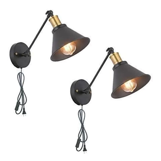 Black Industrial Bedside Wall Lamp with Rotating 2-Head Design - Plug-in Iron Reading Light for Bedroom or Warehouse