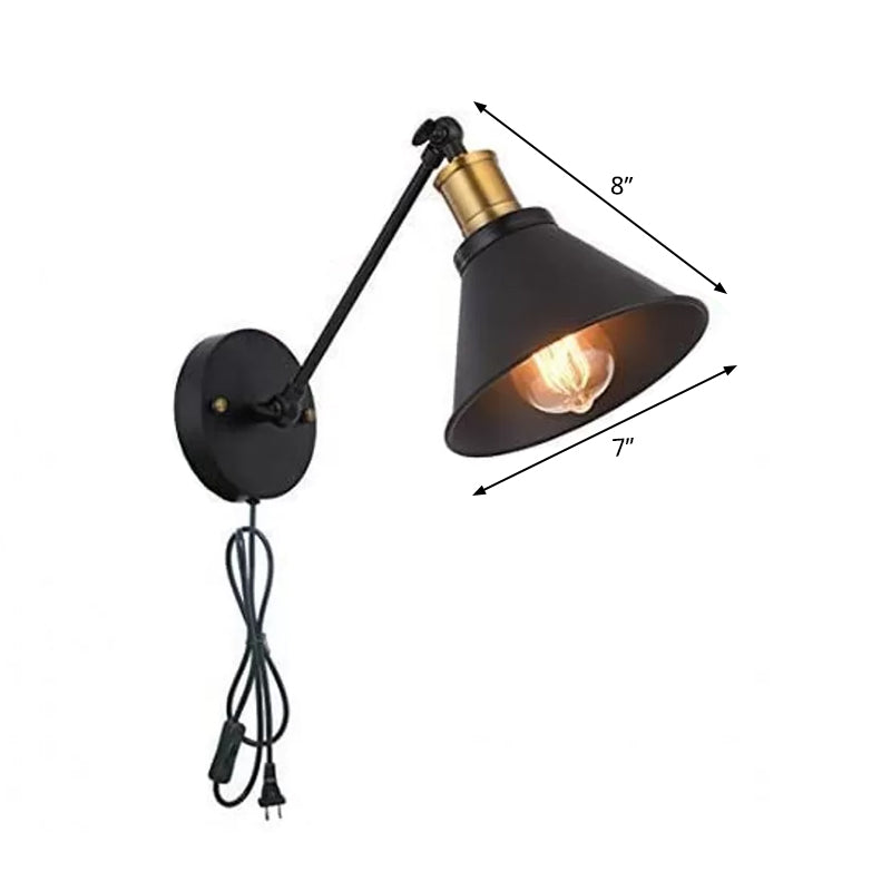 Black Industrial Bedside Wall Lamp with Rotating 2-Head Design - Plug-in Iron Reading Light for Bedroom or Warehouse