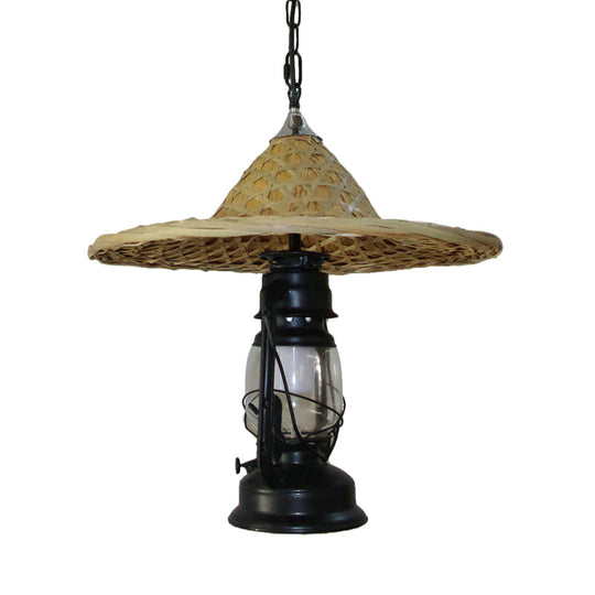 Rustic Kerosene Pendant Light with Clear Glass and Coolie Hat Deco - Black/Bronze/Copper Finish