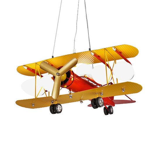 Metallic Propeller Plane Chandelier - 5 Light Cartoon Suspension in Yellow & Red