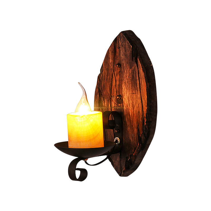 Rustic Wood Wall Sconce Light: Oval/Fish Shape, Kitchen Mounted Lamp with Candle/Lantern (Brown)