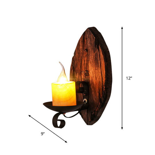 Rustic Wood Wall Sconce Light: Oval/Fish Shape, Kitchen Mounted Lamp with Candle/Lantern (Brown)