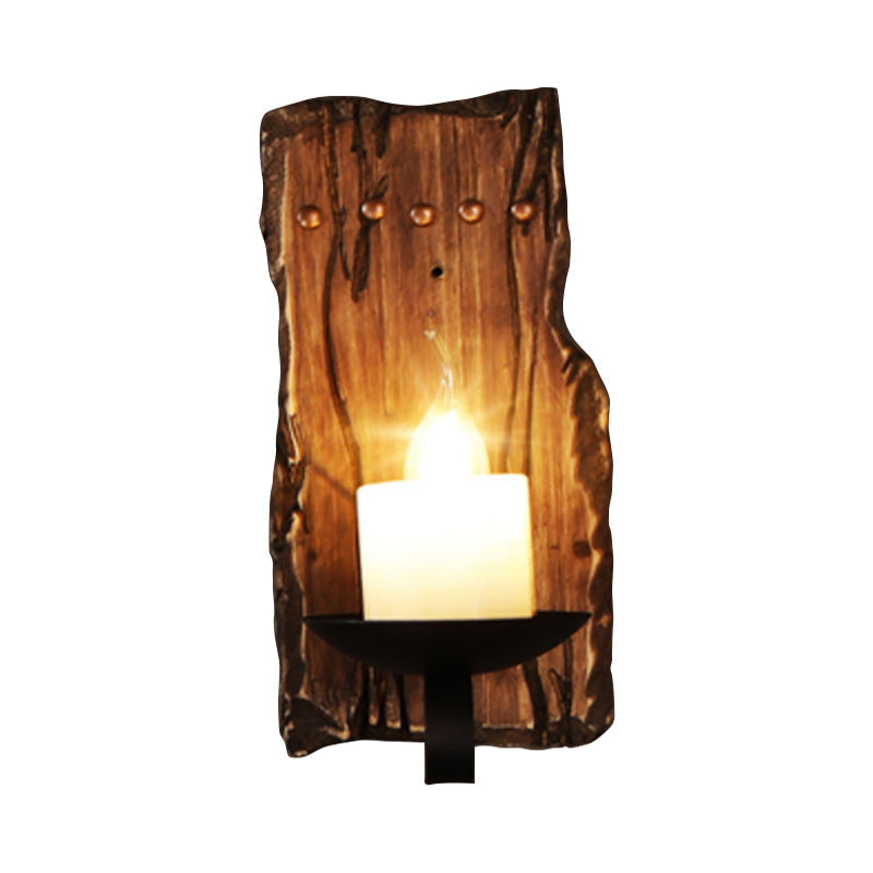 Rustic Wood Wall Sconce Light: Oval/Fish Shape, Kitchen Mounted Lamp with Candle/Lantern (Brown)