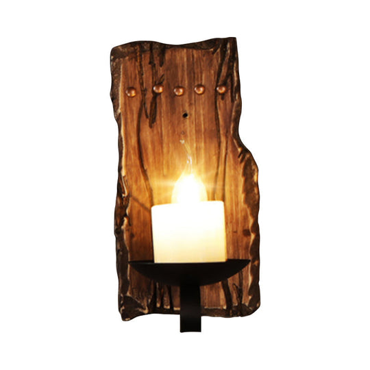 Rustic Wood Wall Sconce Light: Oval/Fish Shape, Kitchen Mounted Lamp with Candle/Lantern (Brown)