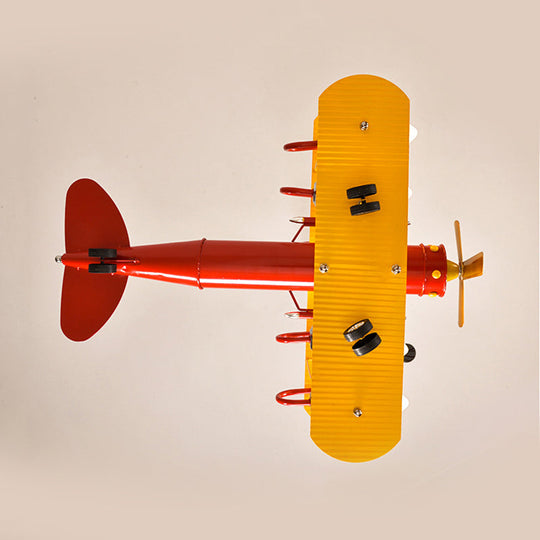 Metallic Propeller Plane Chandelier - 5 Light Cartoon Suspension in Yellow & Red