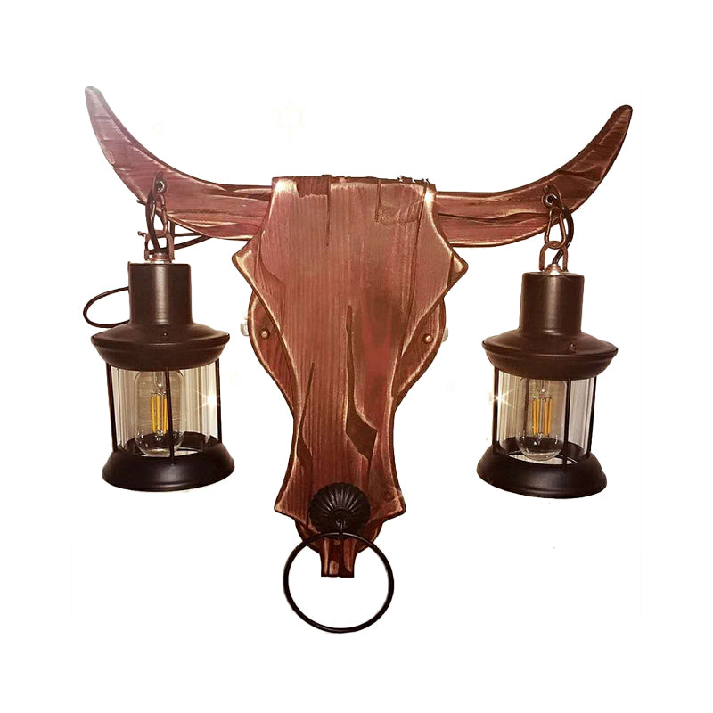 Rustic Brown Lantern Wall Sconce with Clear Glass and Wood Backplate