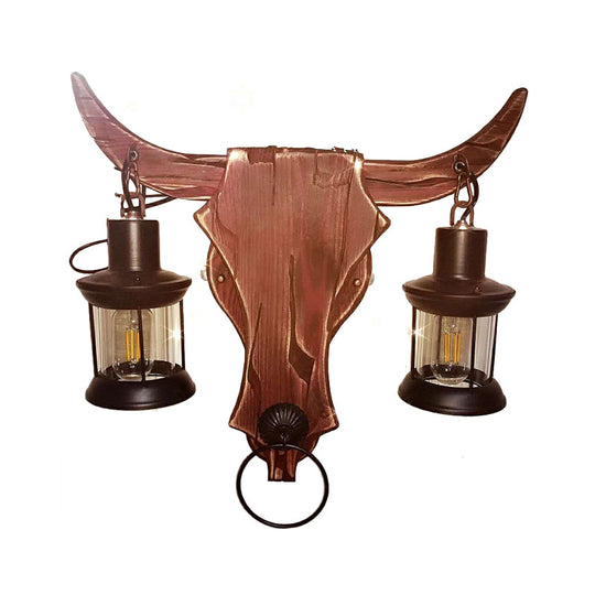 Rustic Brown Lantern Wall Sconce with Clear Glass and Wood Backplate