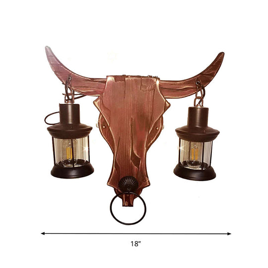 Rustic Brown Lantern Wall Sconce with Clear Glass and Wood Backplate