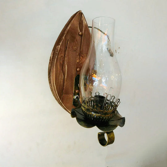 Rustic Brown Lantern Wall Sconce with Clear Glass and Wood Backplate