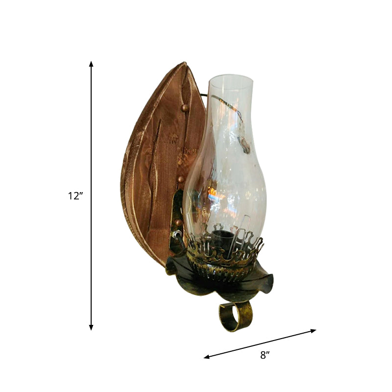 Rustic Brown Lantern Wall Sconce with Clear Glass and Wood Backplate