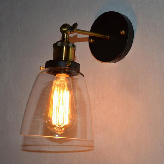 Rotatable Wall Lamp - Warehouse Cloche with 1 Head, Transparent Glass Shade, in Black and Brass/Black