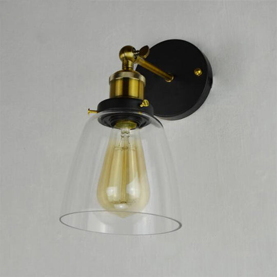 Rotatable Wall Lamp - Warehouse Cloche with 1 Head, Transparent Glass Shade, in Black and Brass/Black