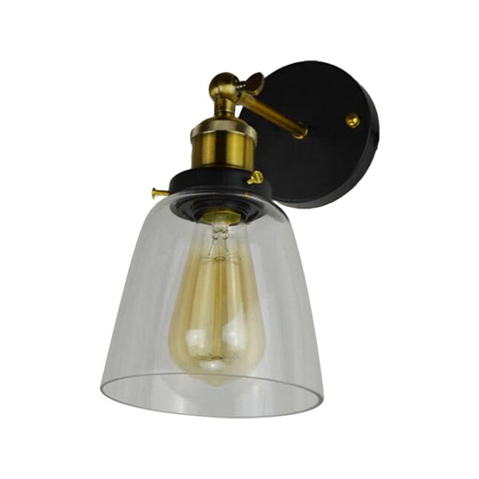 Rotatable Wall Lamp - Warehouse Cloche with 1 Head, Transparent Glass Shade, in Black and Brass/Black