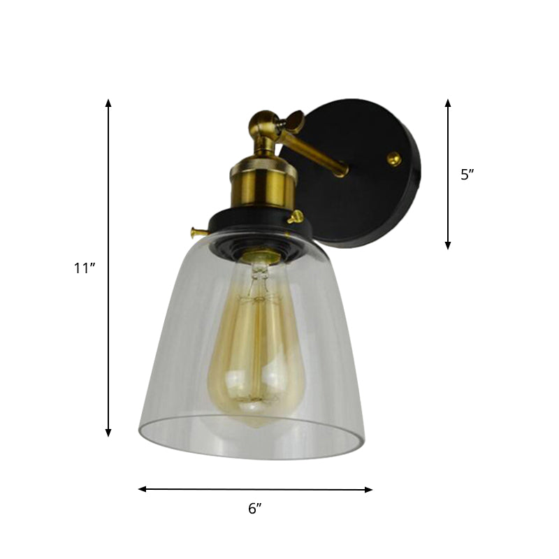 Rotatable Wall Lamp - Warehouse Cloche with 1 Head, Transparent Glass Shade, in Black and Brass/Black