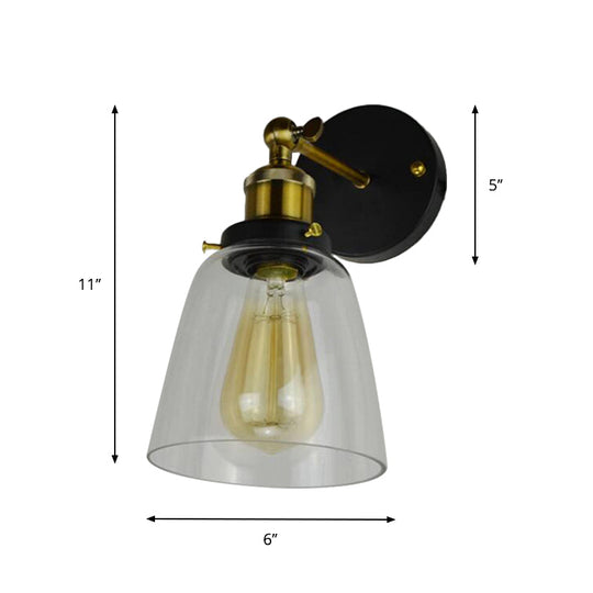 Rotatable Wall Lamp - Warehouse Cloche with 1 Head, Transparent Glass Shade, in Black and Brass/Black