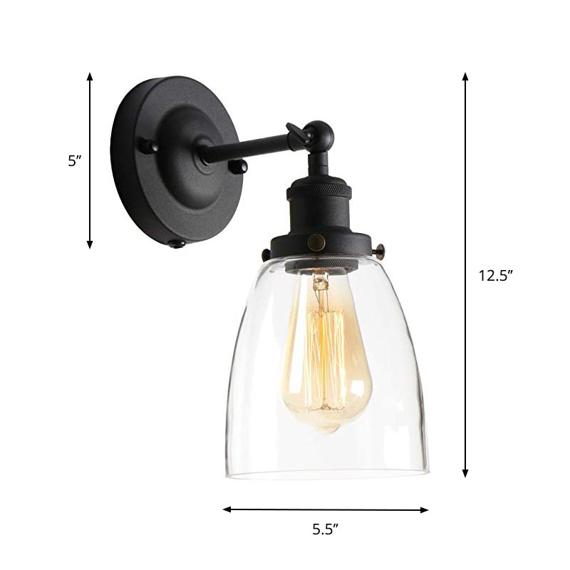 Rotatable Wall Lamp - Warehouse Cloche with 1 Head, Transparent Glass Shade, in Black and Brass/Black