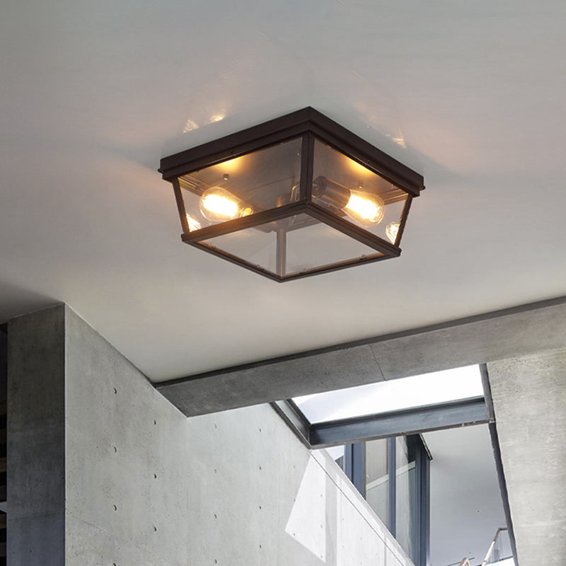Flush Mount Farmhouse Ceiling Light with 2 Bulbs - Black Cube Design and Clear Glass - Ideal for Kitchen Lighting