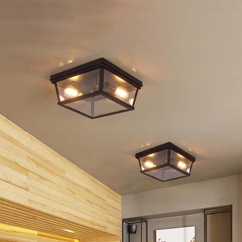Flush Mount Farmhouse Ceiling Light with 2 Bulbs - Black Cube Design and Clear Glass - Ideal for Kitchen Lighting