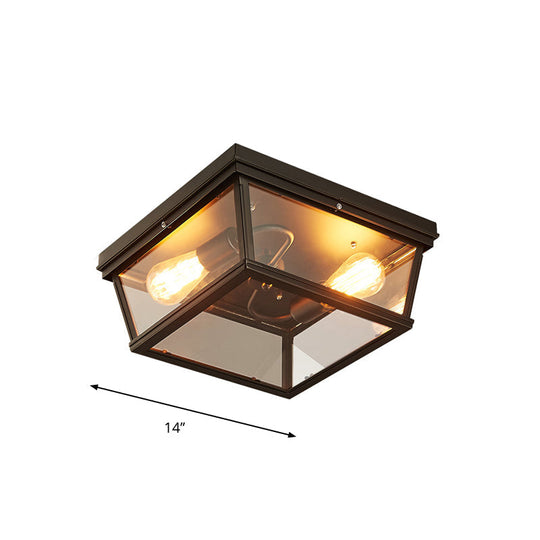 Flush Mount Farmhouse Ceiling Light with 2 Bulbs - Black Cube Design and Clear Glass - Ideal for Kitchen Lighting