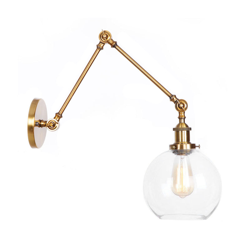 Swing Arm Clear Glass Wall Light Fixture with Brass/Bronze Finish - 1-Light Task Wall Lamp, Bell/Ball Clear Glass Shade