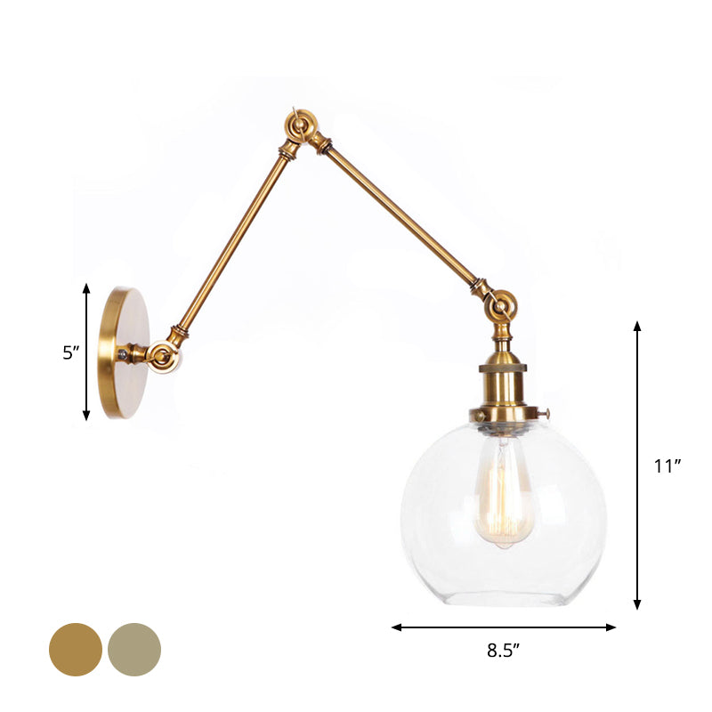 Swing Arm Clear Glass Wall Light Fixture with Brass/Bronze Finish - 1-Light Task Wall Lamp, Bell/Ball Clear Glass Shade