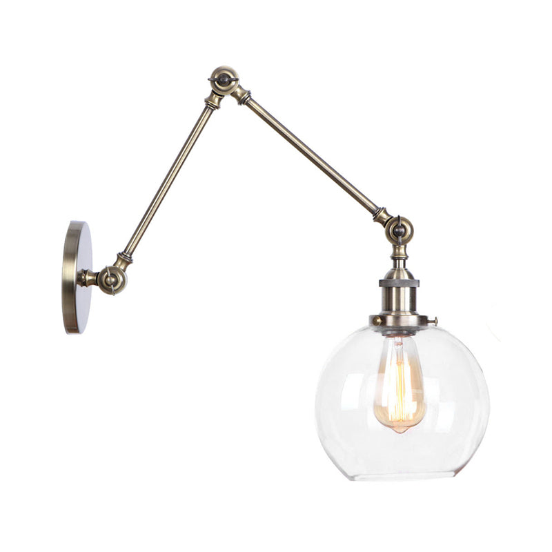 Swing Arm Clear Glass Wall Light Fixture with Brass/Bronze Finish - 1-Light Task Wall Lamp, Bell/Ball Clear Glass Shade
