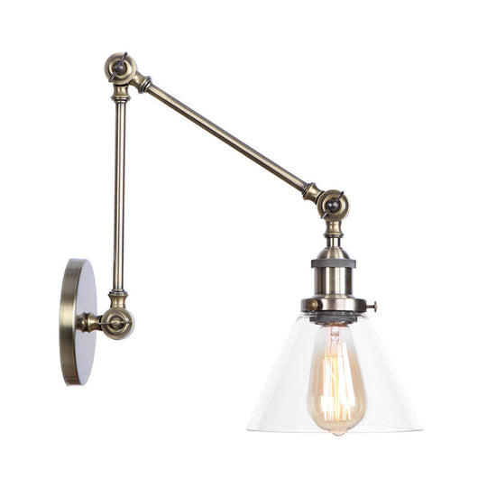 Swing Arm Clear Glass Wall Light Fixture with Brass/Bronze Finish - 1-Light Task Wall Lamp, Bell/Ball Clear Glass Shade