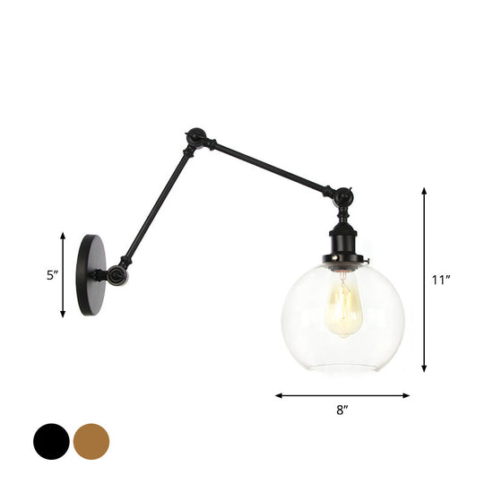 Black Swing Arm Dorm Room Wall Lamp with Clear Glass Shade