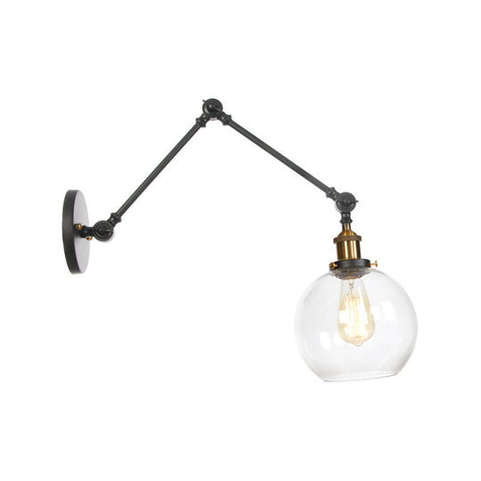 Black Swing Arm Dorm Room Wall Lamp with Clear Glass Shade