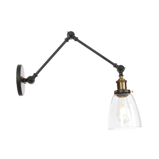 Black Swing Arm Dorm Room Wall Lamp with Clear Glass Shade