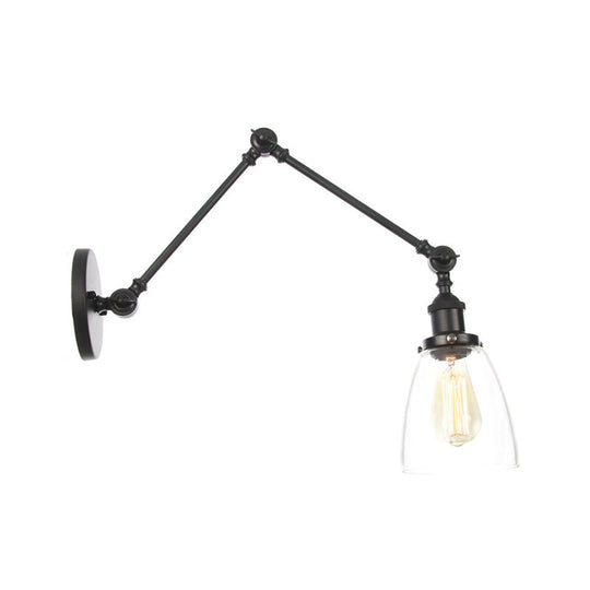 Black Swing Arm Dorm Room Wall Lamp with Clear Glass Shade