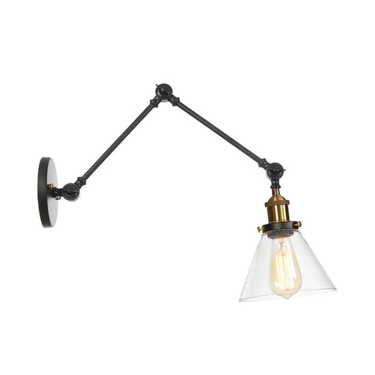 Black Swing Arm Dorm Room Wall Lamp with Clear Glass Shade