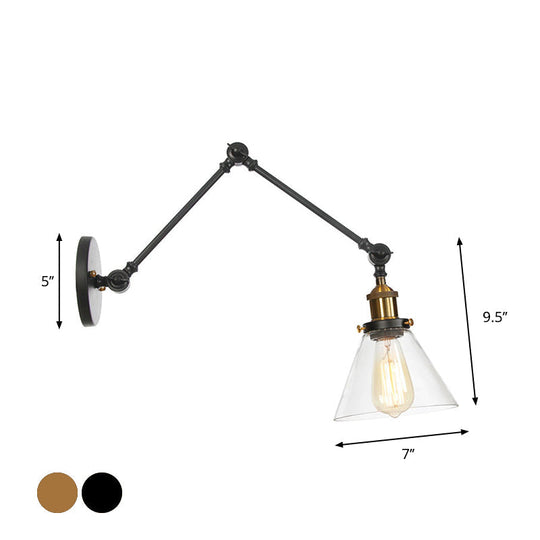 Black Swing Arm Dorm Room Wall Lamp with Clear Glass Shade