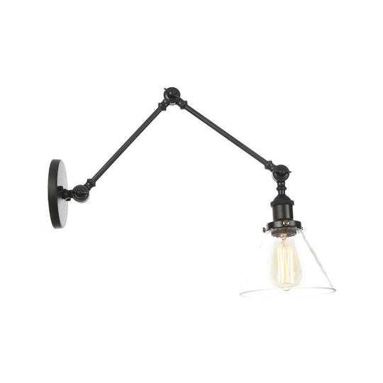 Black Swing Arm Dorm Room Wall Lamp with Clear Glass Shade