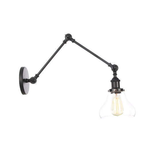 Black Swing Arm Dorm Room Wall Lamp with Clear Glass Shade