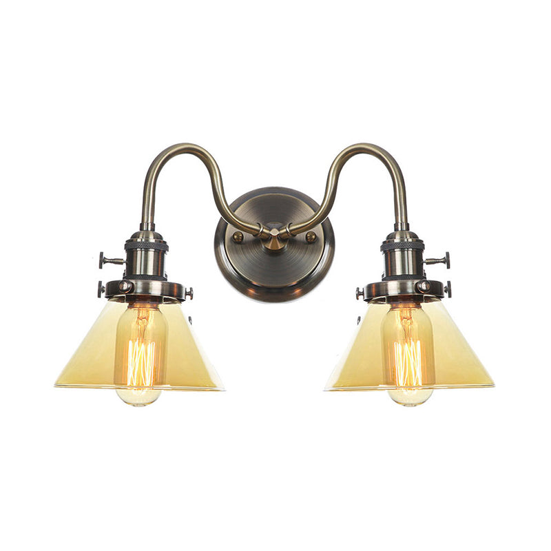 Amber/Clear Glass Wall Light with Undulated Arm in Bronze - Factory 2 Bulbs, Living Room Mounted Lighting