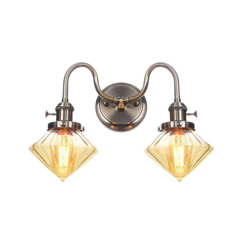 Amber/Clear Glass Wall Light with Undulated Arm in Bronze - Factory 2 Bulbs, Living Room Mounted Lighting