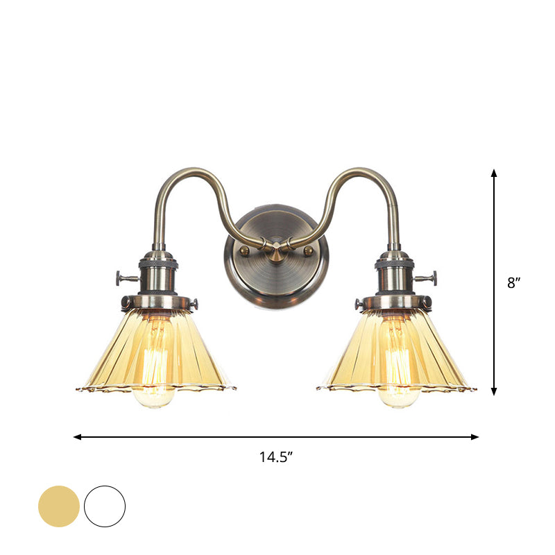 Amber/Clear Glass Wall Light with Undulated Arm in Bronze - Factory 2 Bulbs, Living Room Mounted Lighting