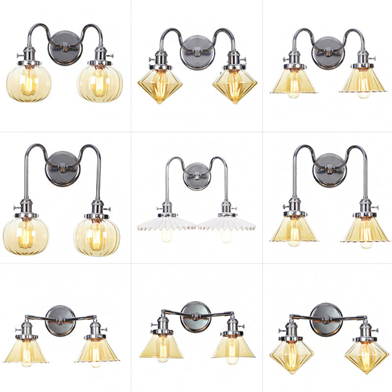 Industrial Style Chrome Wall Sconce with Clear Glass Globe/Cone, Wavy Arm - 2 Light Kit for Corridor