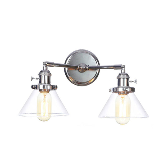 Industrial Style Chrome Wall Sconce with Clear Glass Globe/Cone, Wavy Arm - 2 Light Kit for Corridor